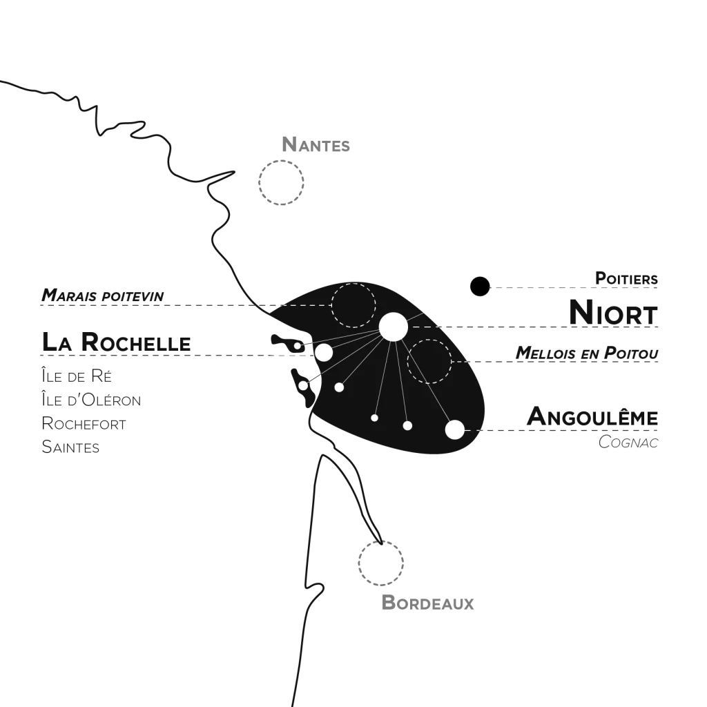 Architecte à Niort : carte du territoire d'intervention, bassins versants de la Charente et de la Sèvre Niortaise